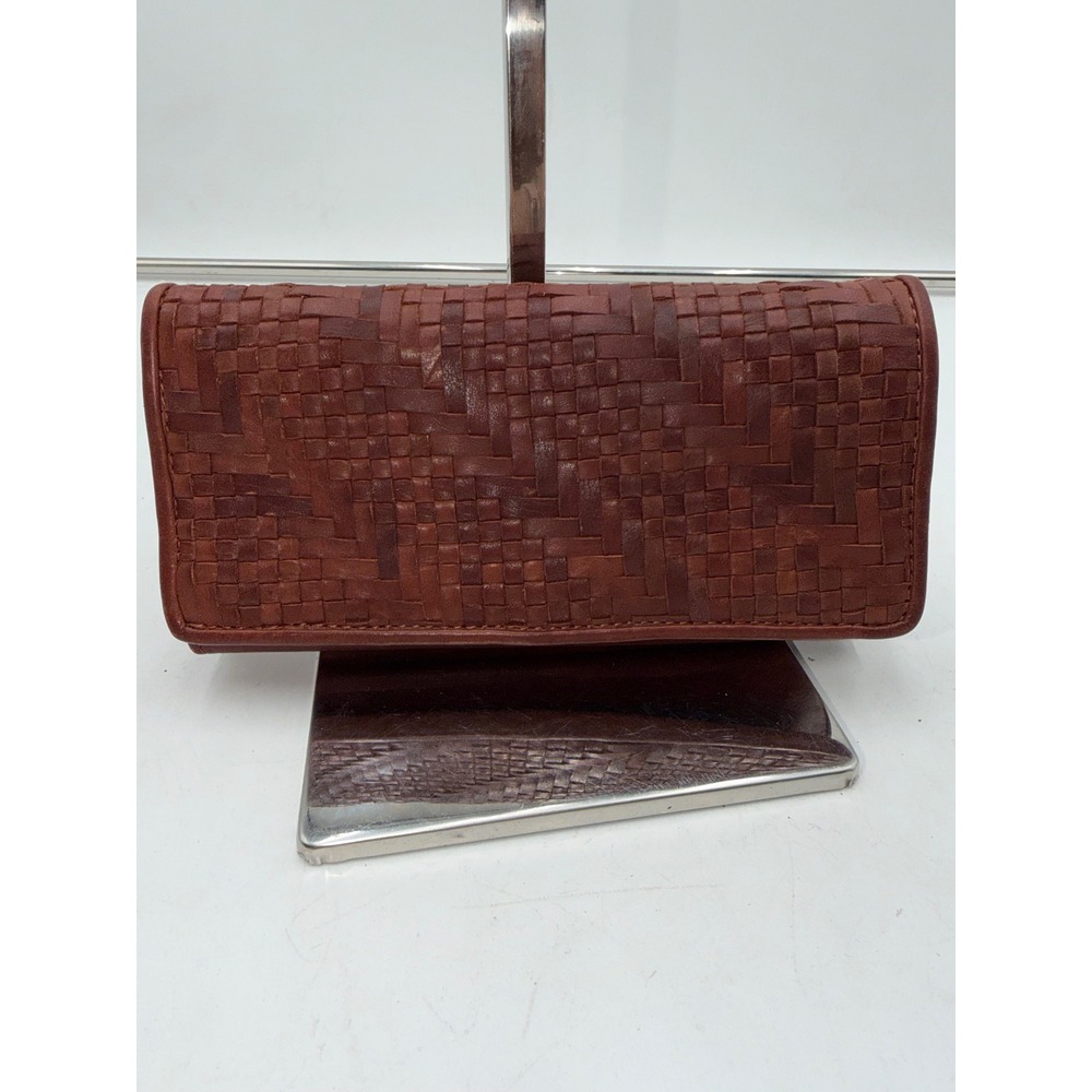 Vintage Leather Est 2002 Woven Brown Genuine Leather Long Wallet Snap Clutch
